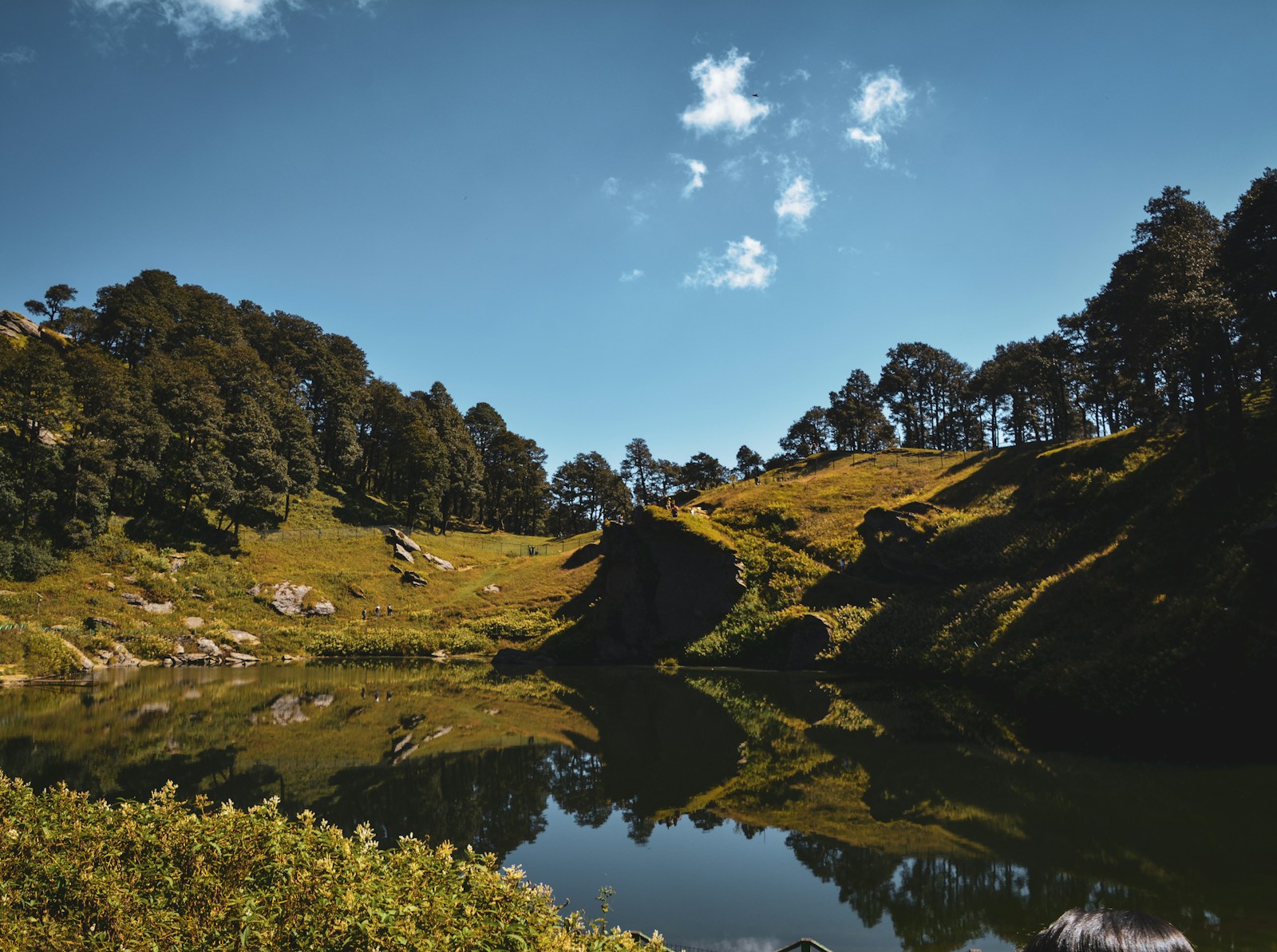 a lake surrounded by a lush green hillside